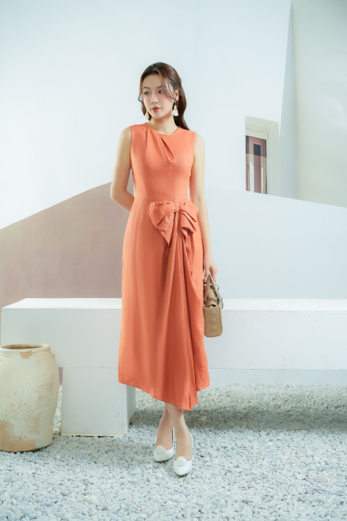 Sixdo Salmon Sleveless Midi Linen Dress